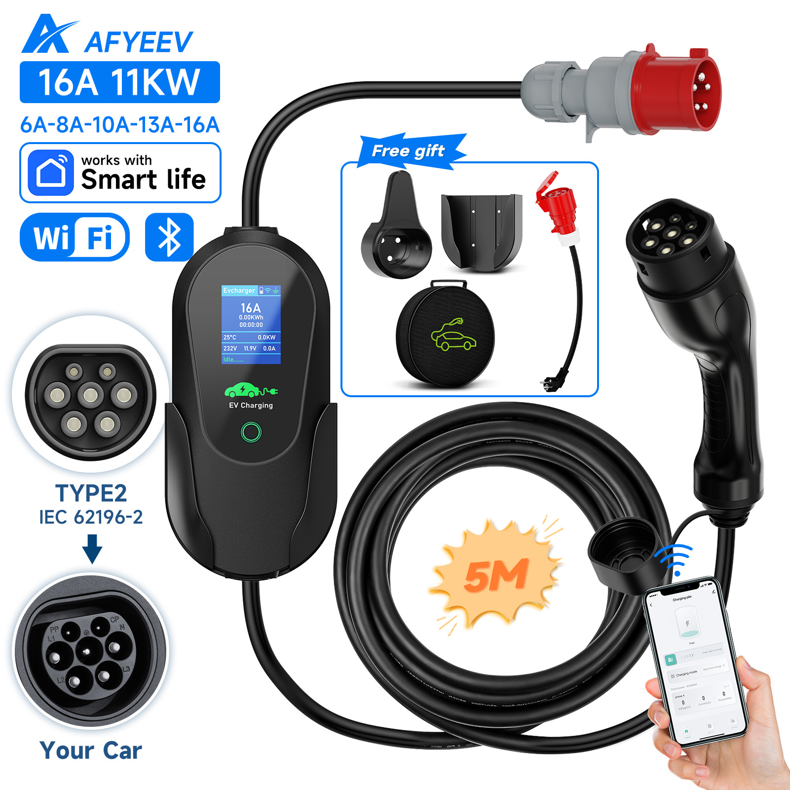 AFYEEV Type2 Портативное заряд – обзор и цена Type 2 Portable Ev Charger 11Kw Cee